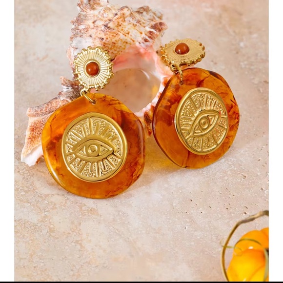 Statement Resin & Gold Sunburst Eye Earrings – Stainless Steel - Picture 3 of 7